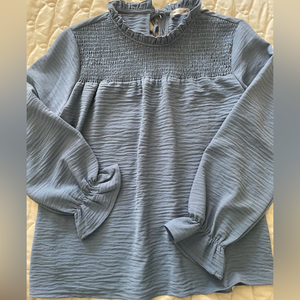 Patrizia Luca Dusty Blue Smocked Yoke Long Sleeve Blouse